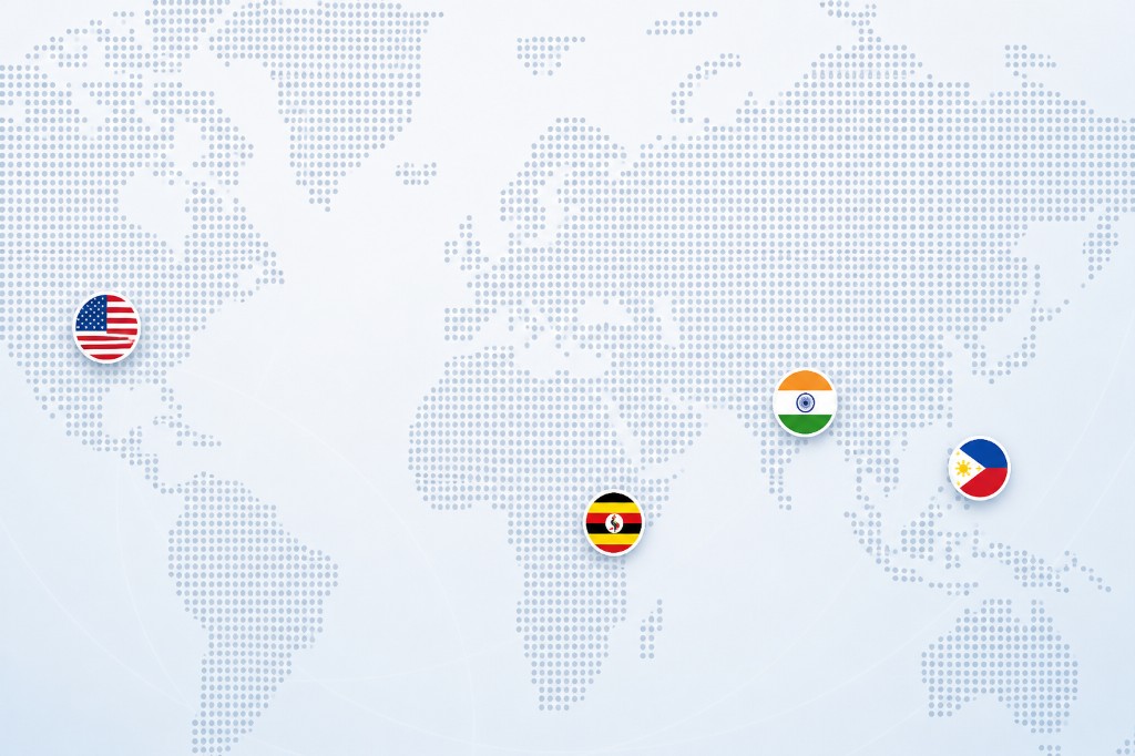Stylized dotted world map marking the United States, Philippines, India, and Uganda with national flags.
